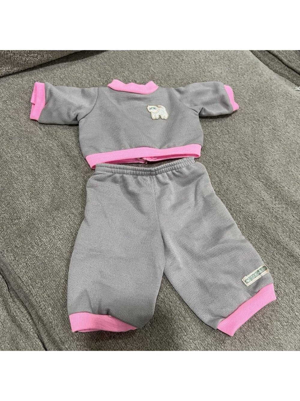 Vintage Cabbage Patch Kids Grey Tracksuit Pink Trim Cat Appliqué